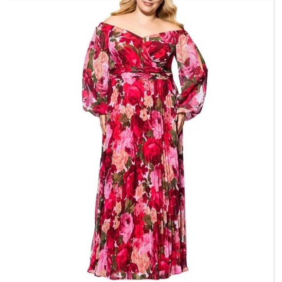 Xscape  V-Neck Off-the-Shoulder Long Sleeve Pleated Chiffon A-Line Gown - Picture 1 of 10